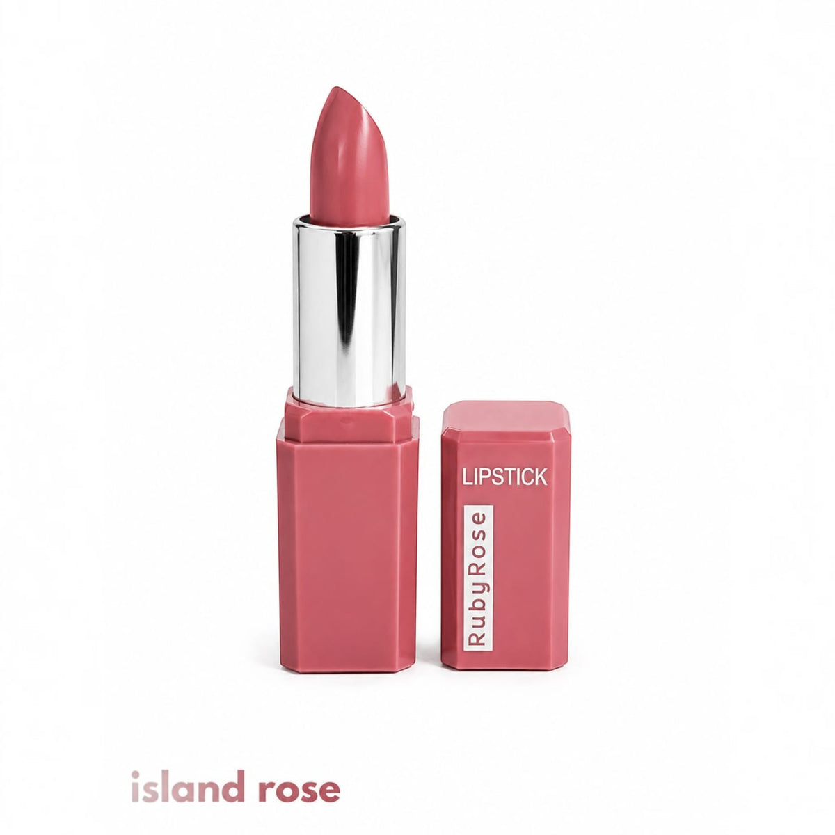 Marom Ruby Rose matte lipstick in Island Rose shade with a sleek pink rectangular case and silver accents