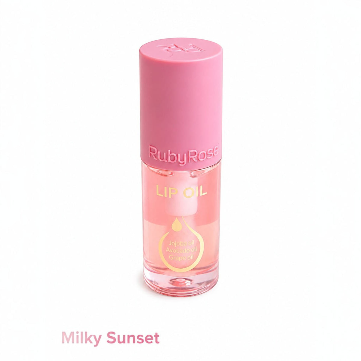 Marom Ruby Rose Milky Sunset lip oil in a clear bottle with a pink cap, providing a glossy and hydrating finish.