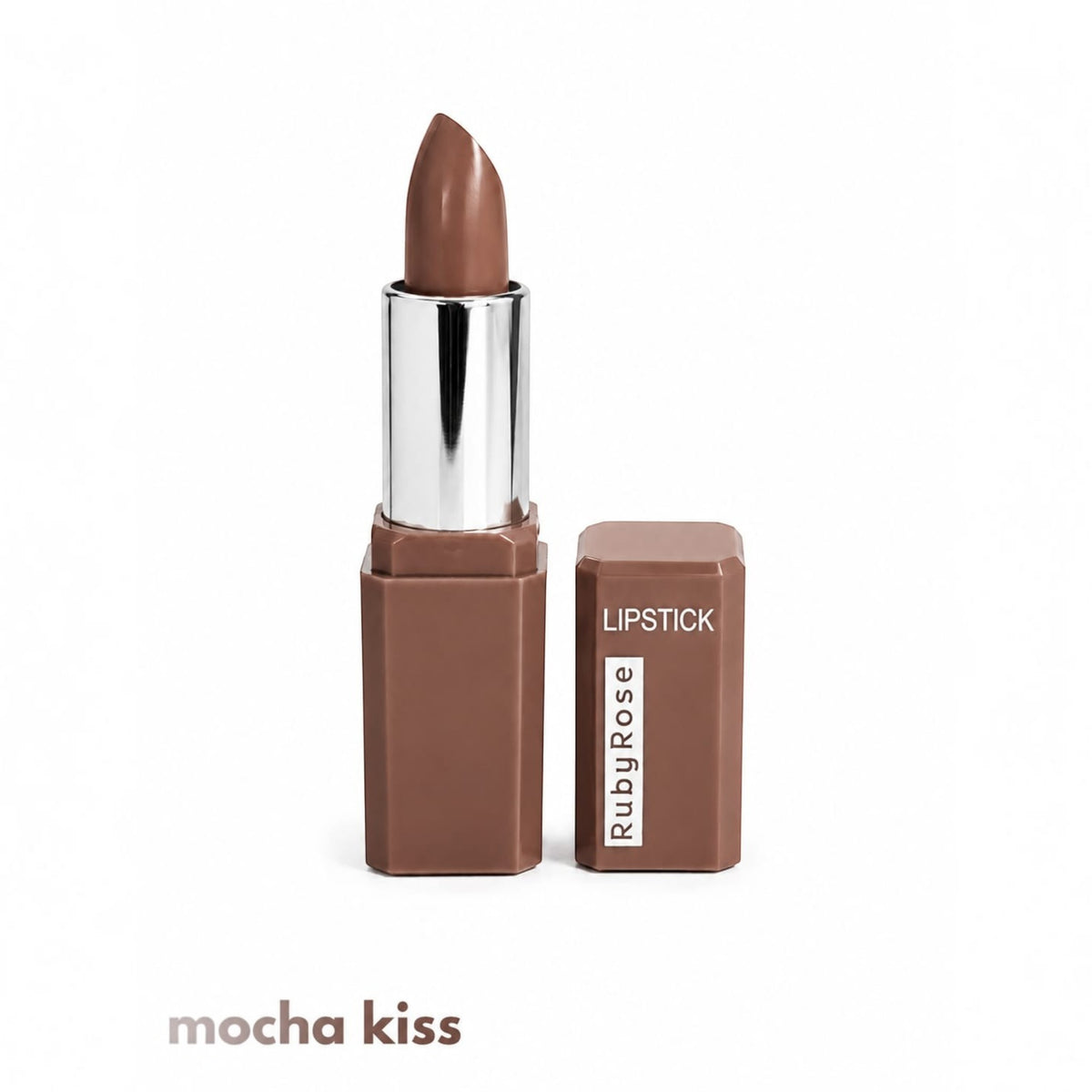 Marom Ruby Rose matte lipstick in Mocha Kiss shade with a sleek brown case and long-lasting pigmented formula