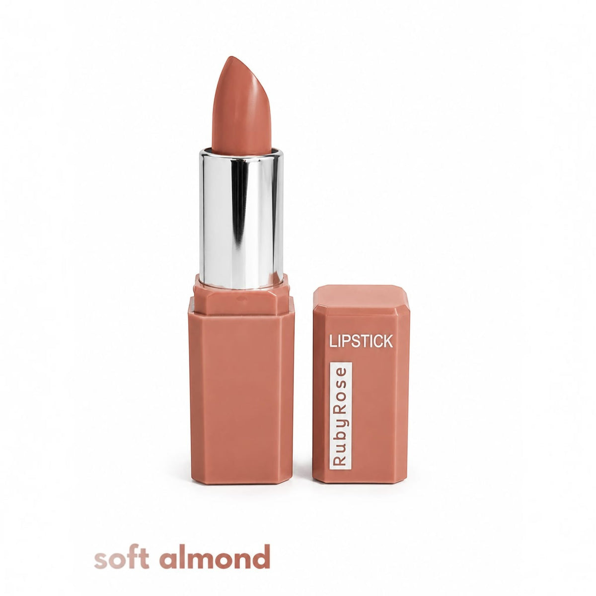 Marom Ruby Rose matte lipstick in Soft Almond shade with a sleek, modern, travel-friendly case.