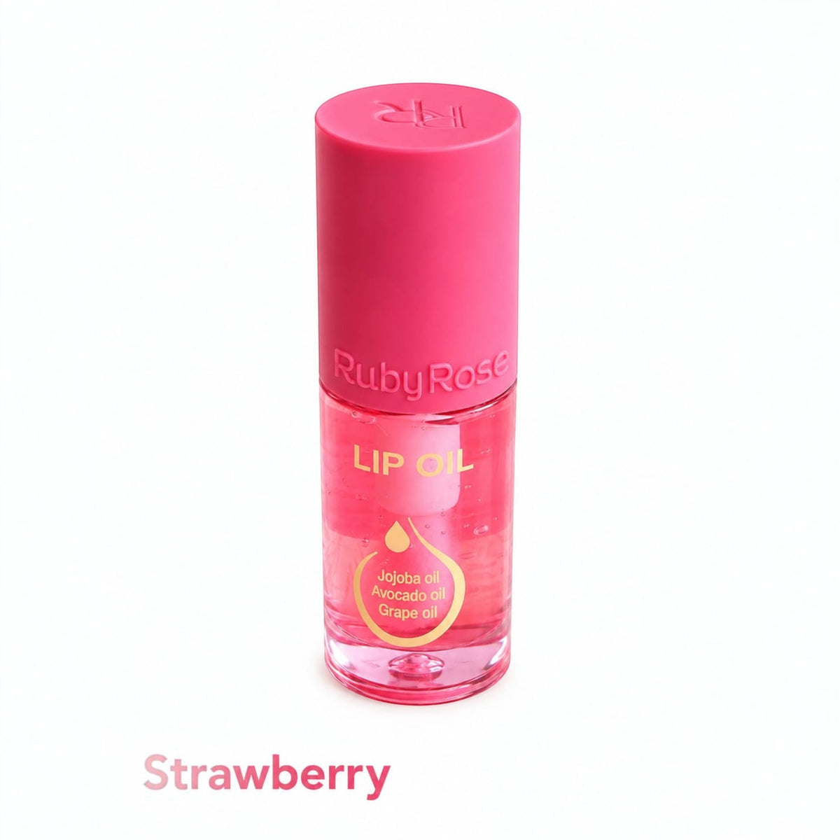 Marom Ruby Rose strawberry lip oil in a clear bottle with a pink cap, featuring nourishing jojoba and avocado oils.