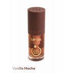 Marom Ruby Rose Vanilla Mocha lip oil in a clear bottle with a brown cap, featuring nourishing natural oils.