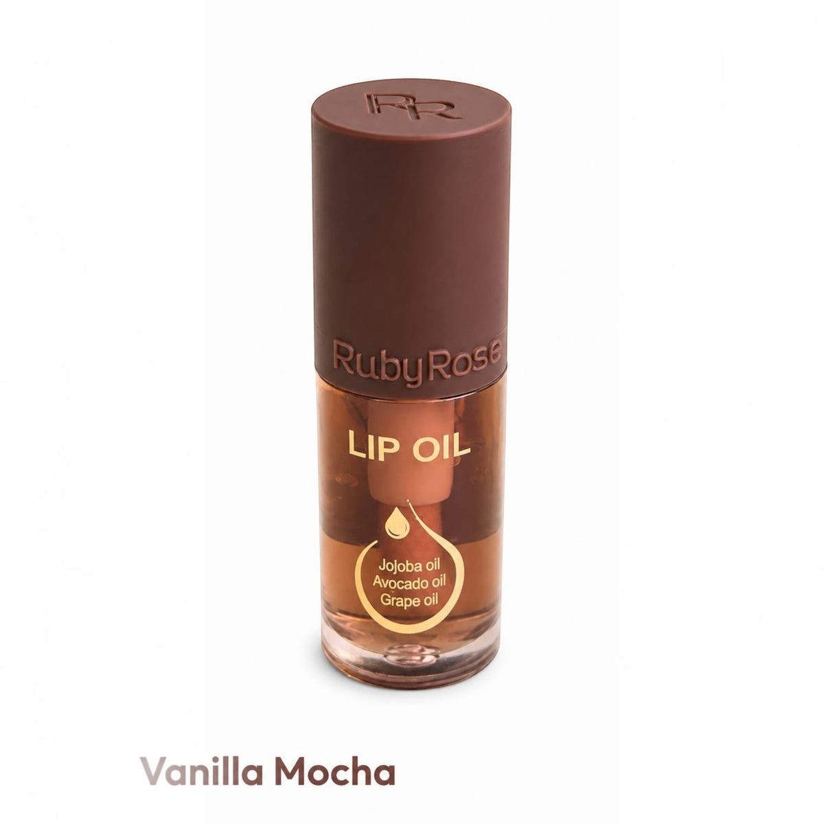 Marom Ruby Rose Vanilla Mocha lip oil in a clear bottle with a brown cap, featuring nourishing natural oils.