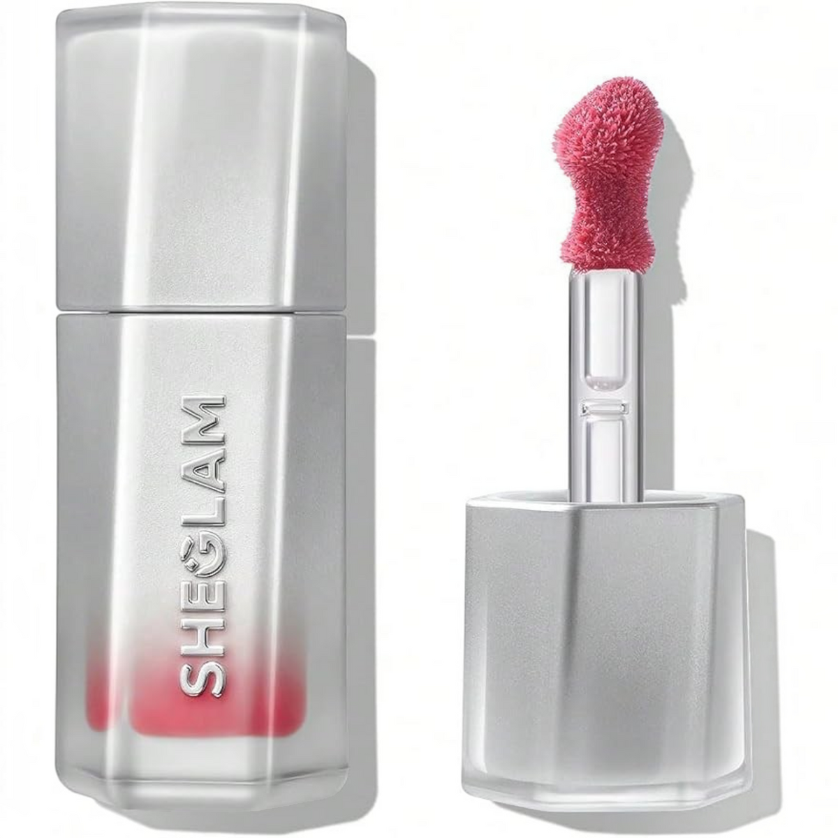 Marom SHEGLAM Glass Lock AirGloss in a sleek silver tube with a precision applicator and pink lip gloss shade