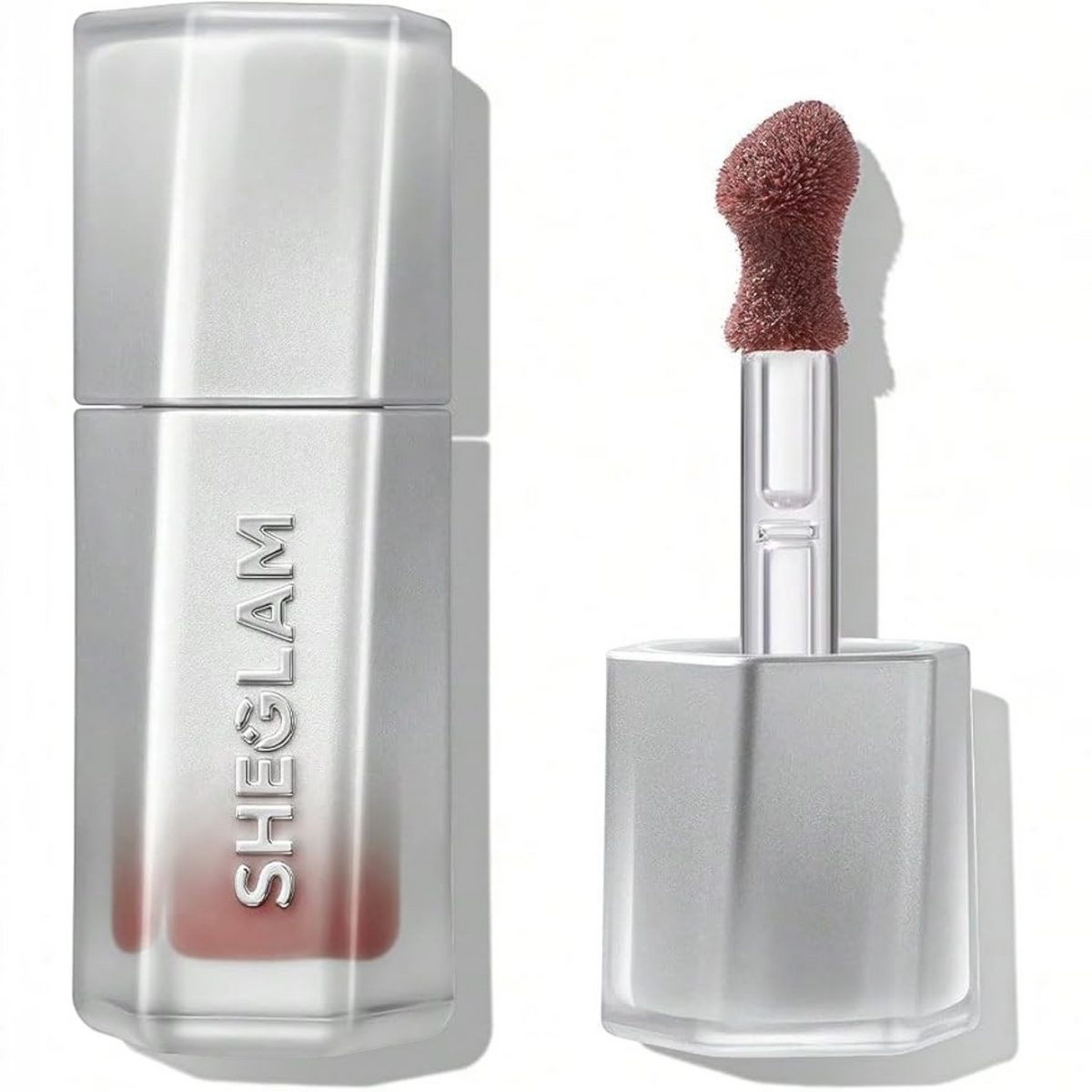 Marom SHEGLAM Glass Lock AirGloss in a mauve shade with a precision applicator and sleek silver packaging