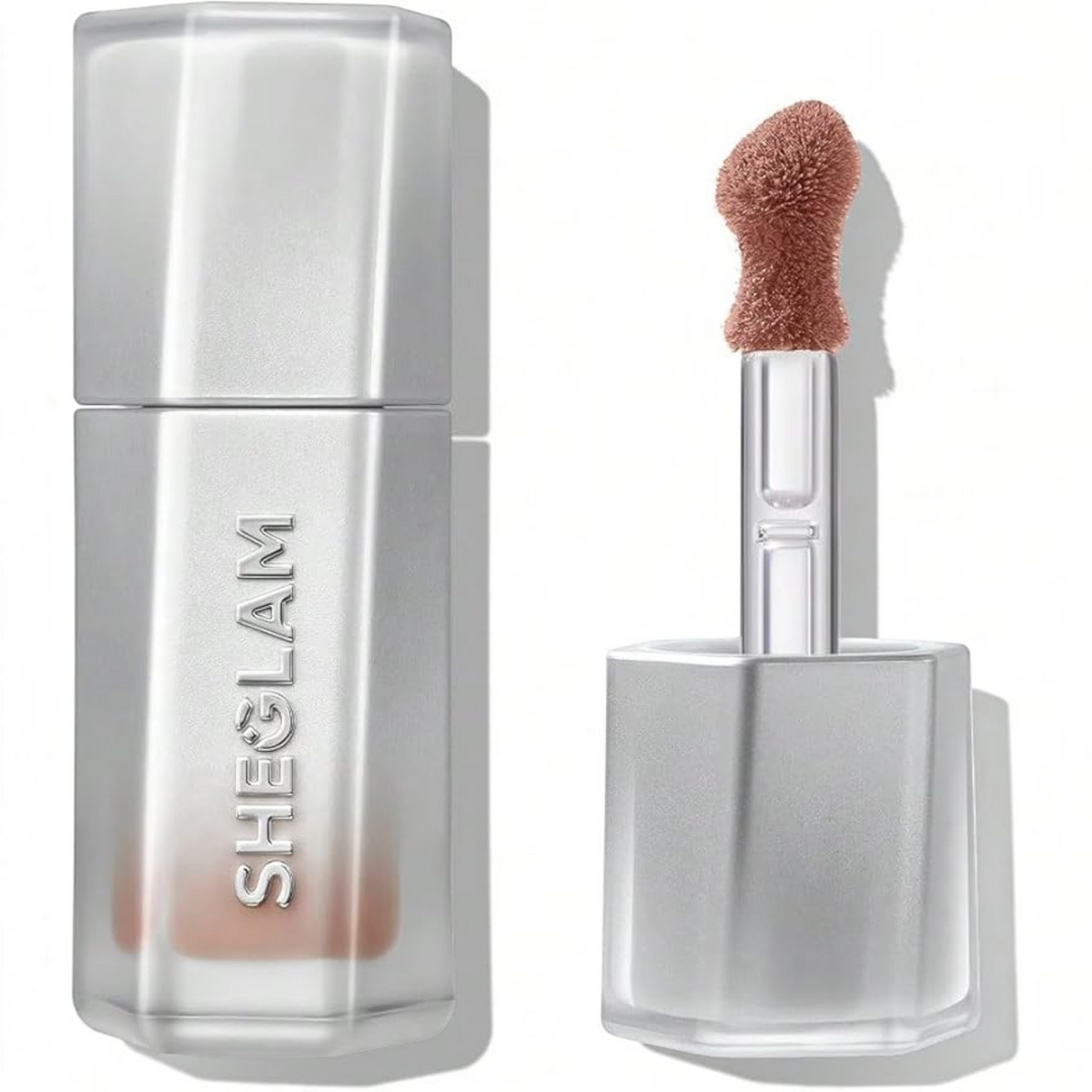 Marom SHEGLAM Glass Lock AirGloss in a neutral nude shade with a precision applicator and sleek silver packaging.