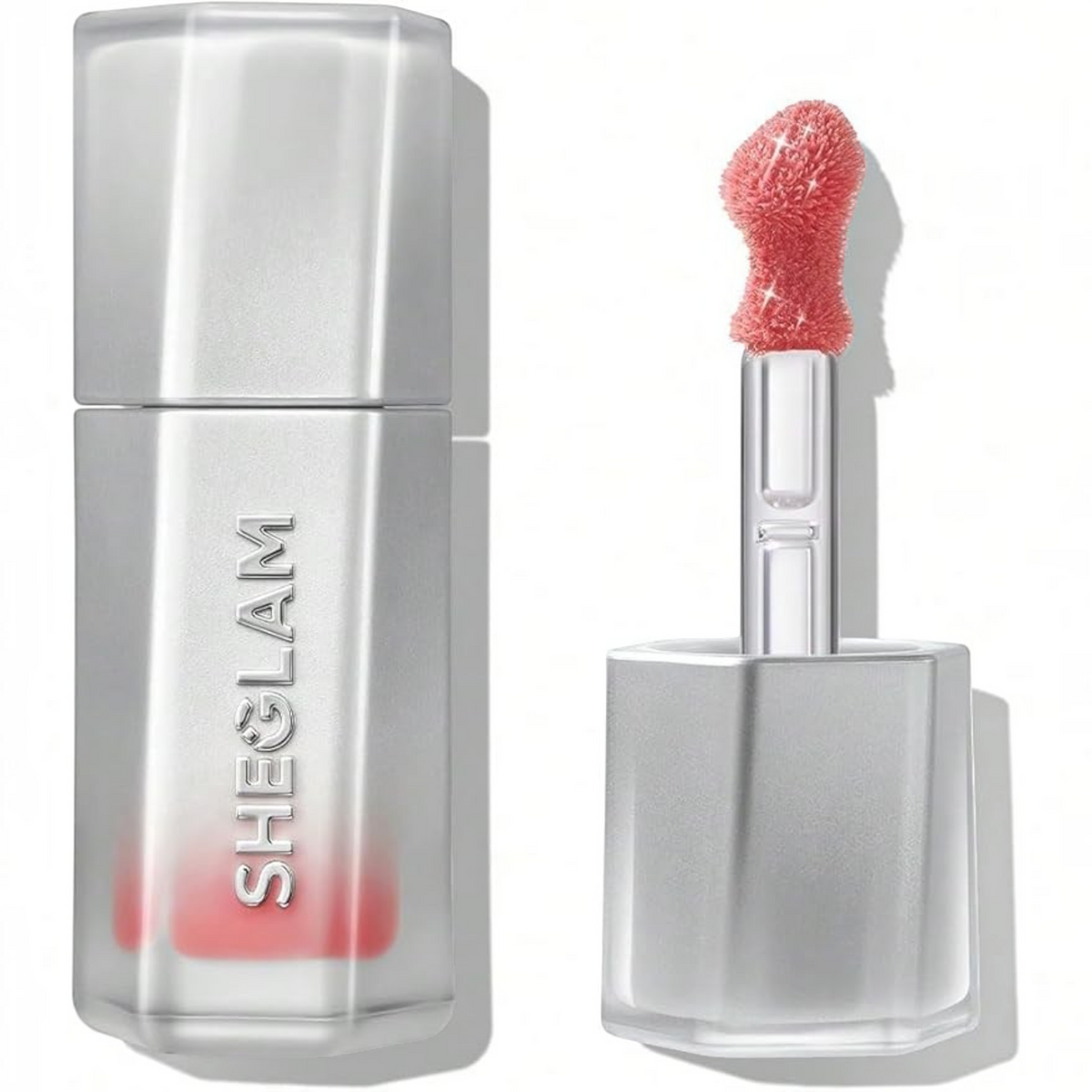 Marom SHEGLAM Glass Lock AirGloss in a pink shade with a precision applicator and sleek silver packaging.