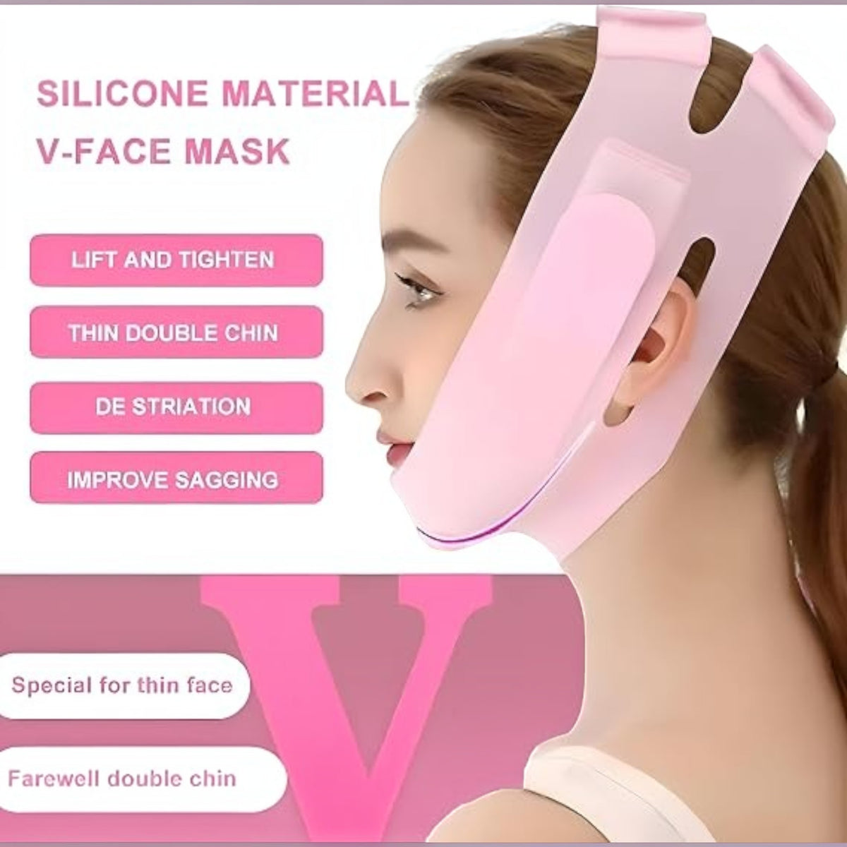 Marom pink silicone V-face lifting mask worn by a woman to contour the jawline and reduce double chin appearance