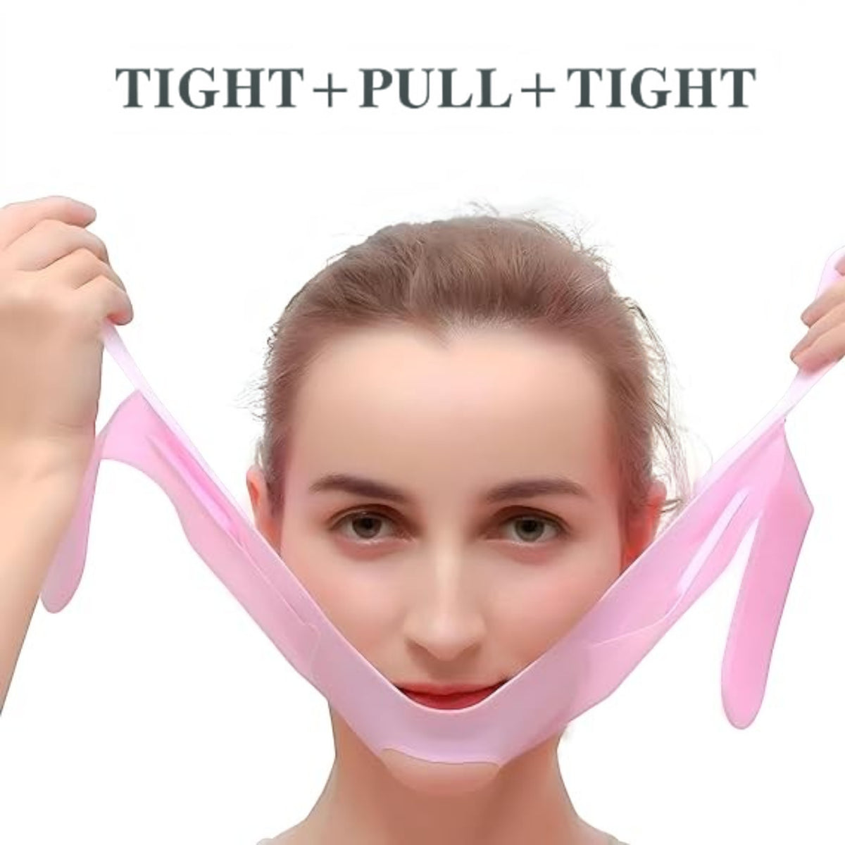 Marom pink silicone V-face lifting bandage mask being applied to jawline for a sculpted and defined facial contour