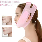 Marom pink silicone V-face lifting bandage mask worn by a woman to contour the jawline and reduce double chin.