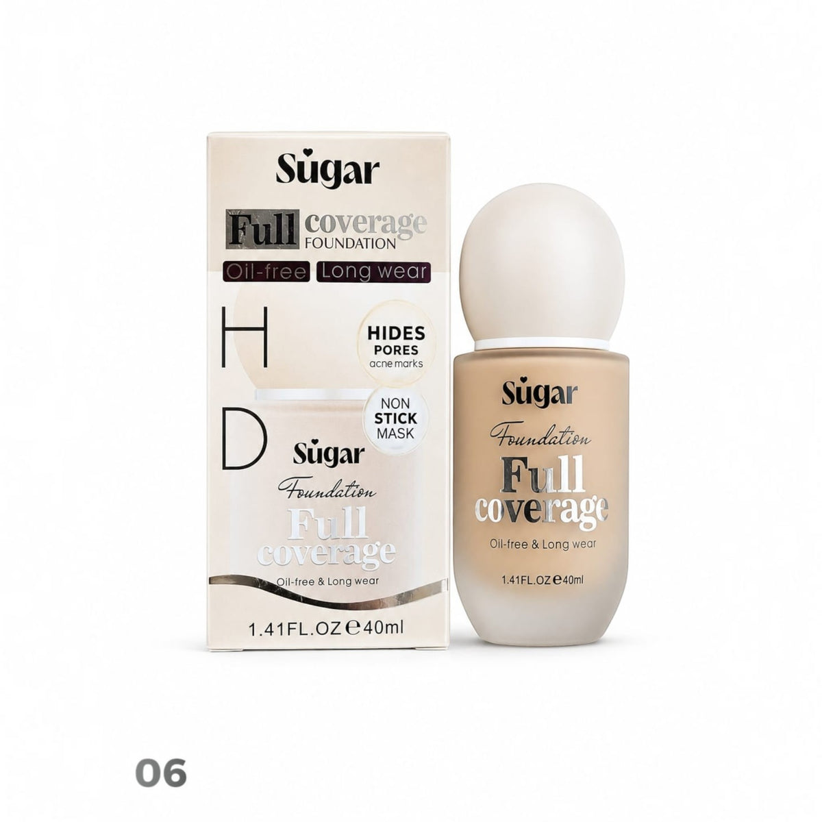 Marom Sugar full coverage HD foundation bottle and box with a natural finish for a flawless camera-ready look