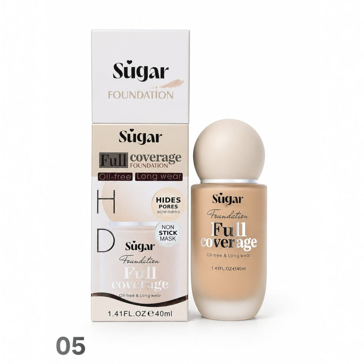 Marom Sugar Full Coverage HD foundation bottle and box in shade 05, offering a natural, long-lasting matte finish.