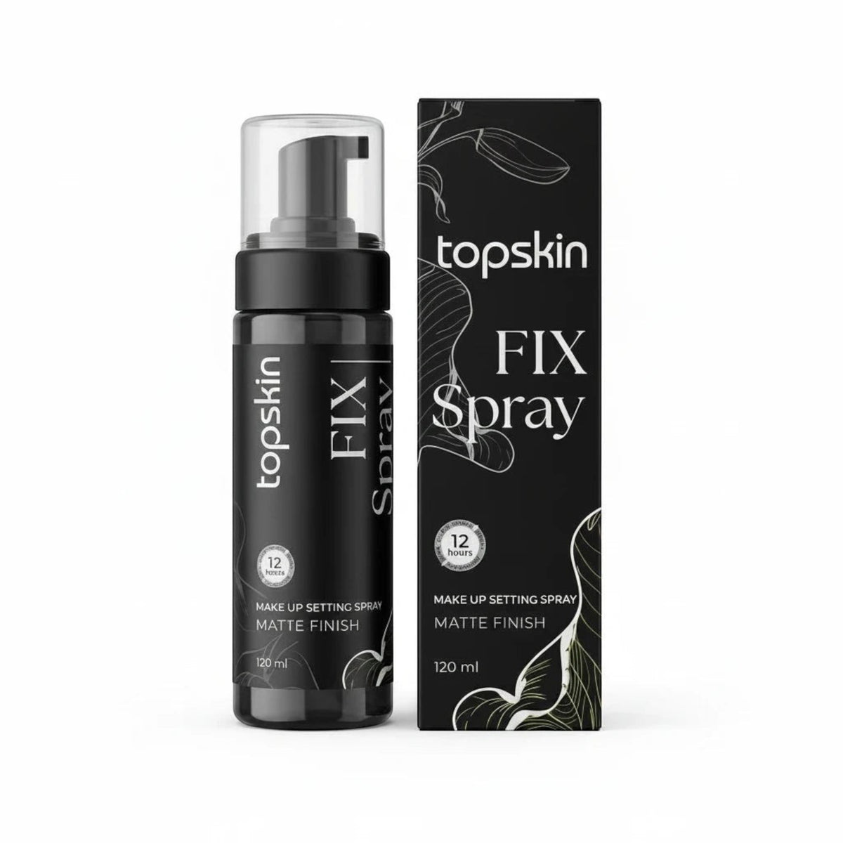 Marom topskin professional matte makeup setting spray bottle and box packaging with 12-hour long-wear formula