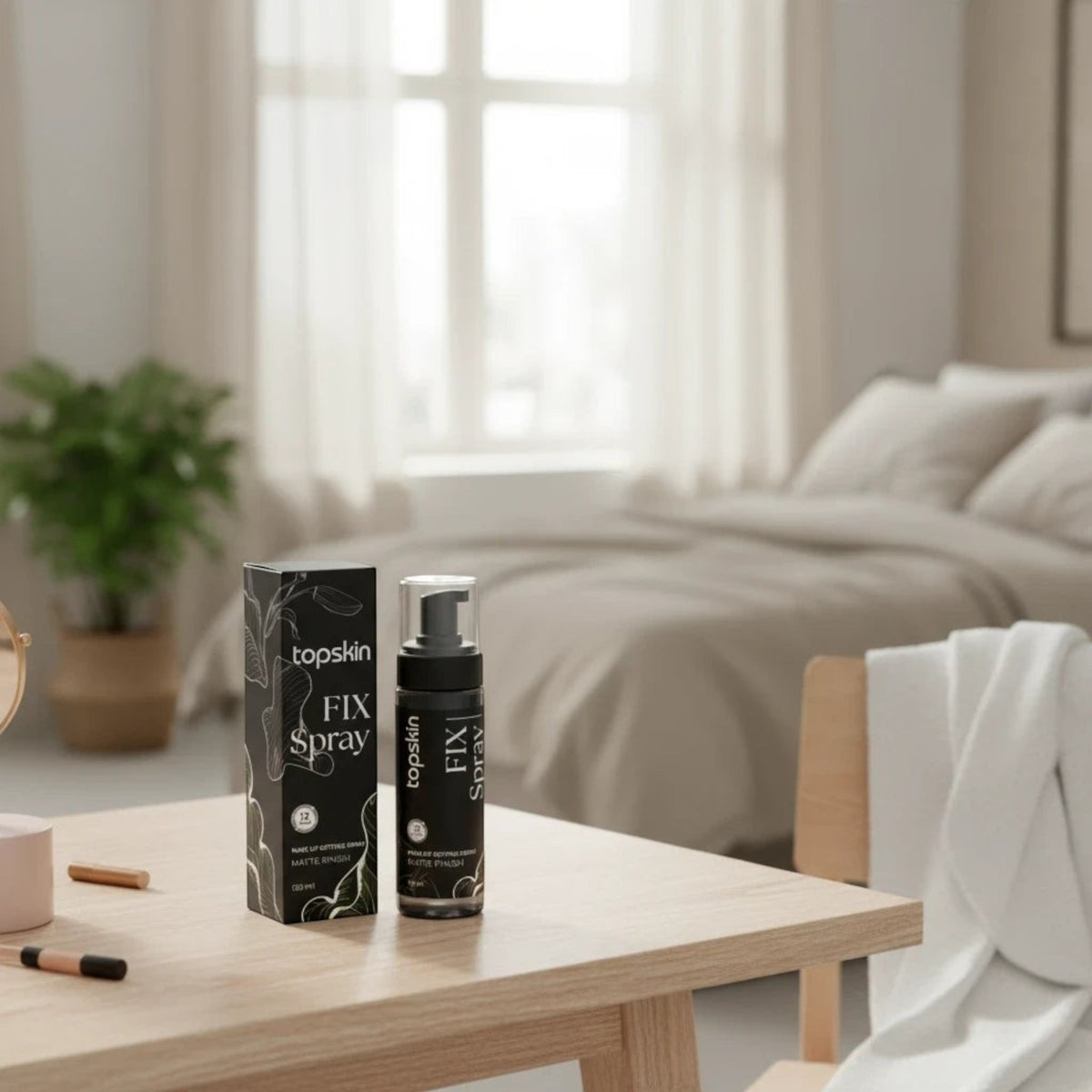 Marom topskin professional makeup setting spray bottle and box with matte finish on a wooden table in a bedroom