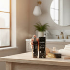 Marom topskin professional matte setting spray bottle and packaging on a wooden table in a bright bathroom setting