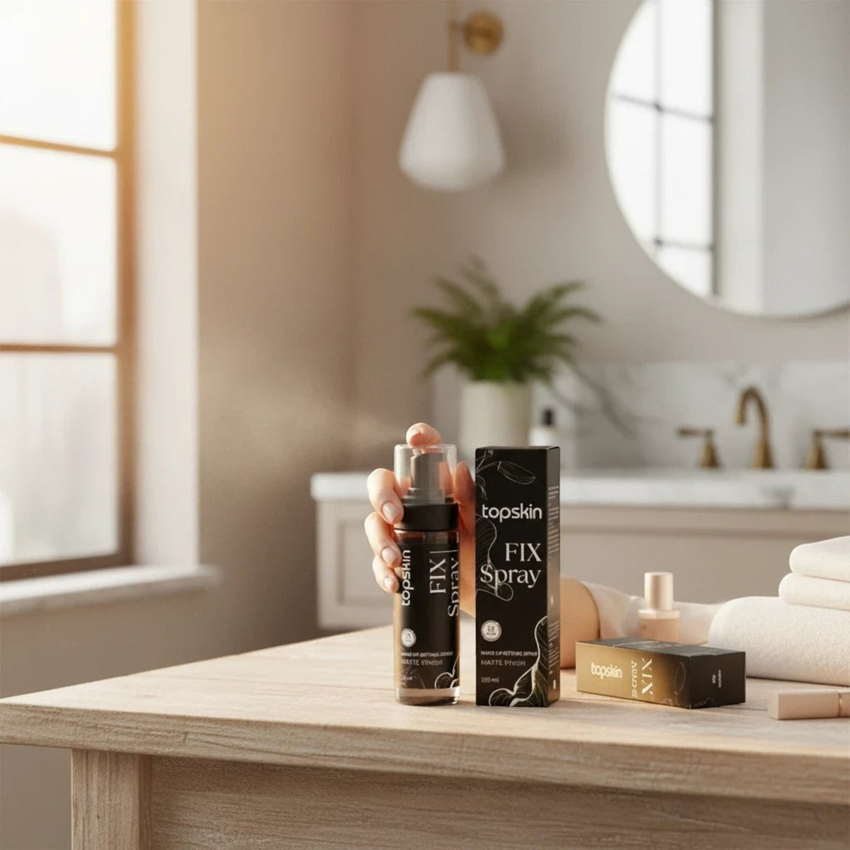 Marom topskin professional matte setting spray bottle and packaging on a wooden table in a bright bathroom setting