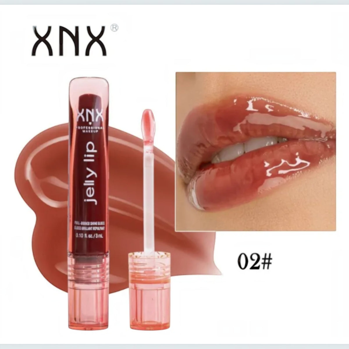 Marom XNX Professional Makeup Jelly Lip Gloss in shade 02, a high-shine brown tint with a precision applicator.