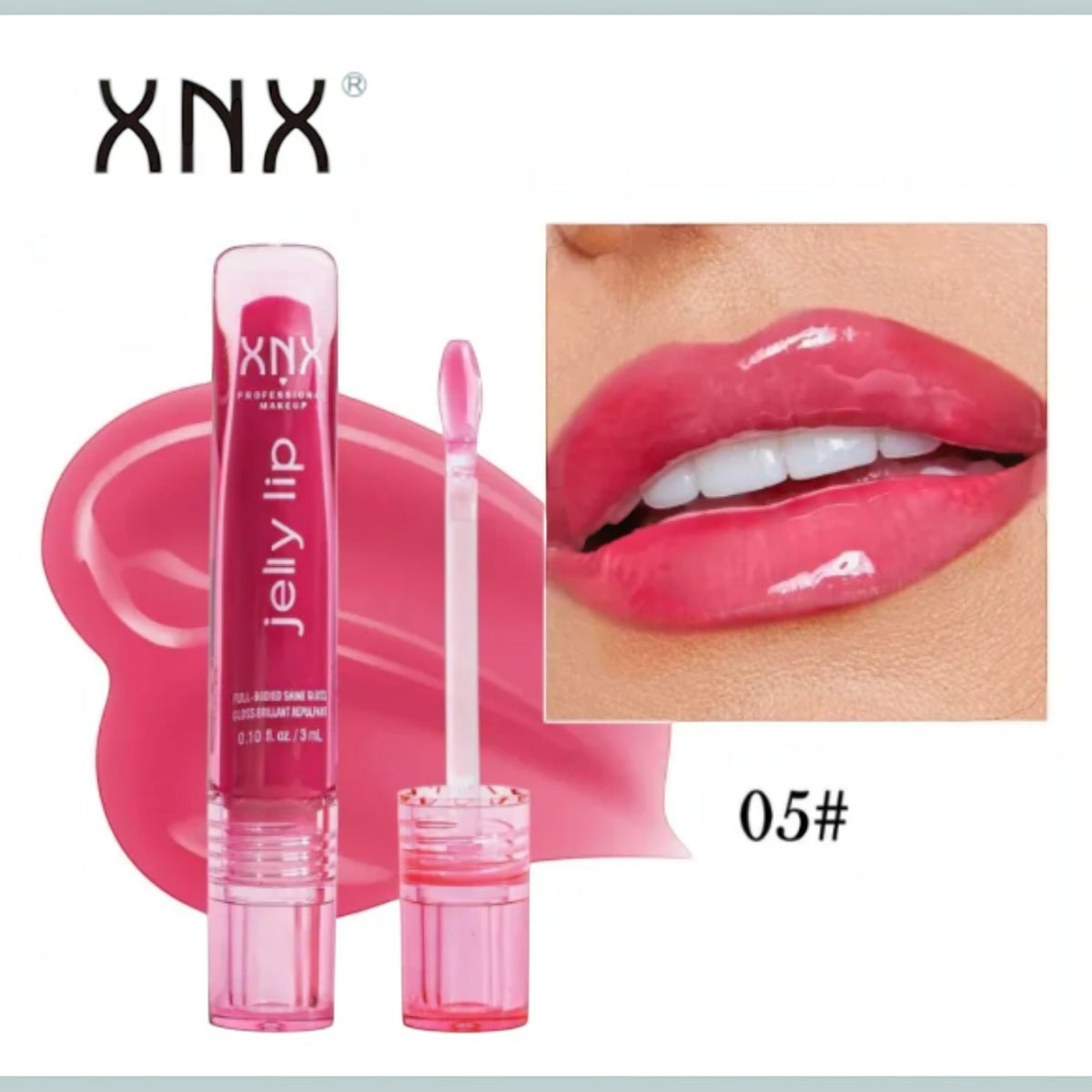 Marom XNX Professional Makeup Jelly Lip Gloss in shade 05, a vibrant pink high-shine gloss with applicator.