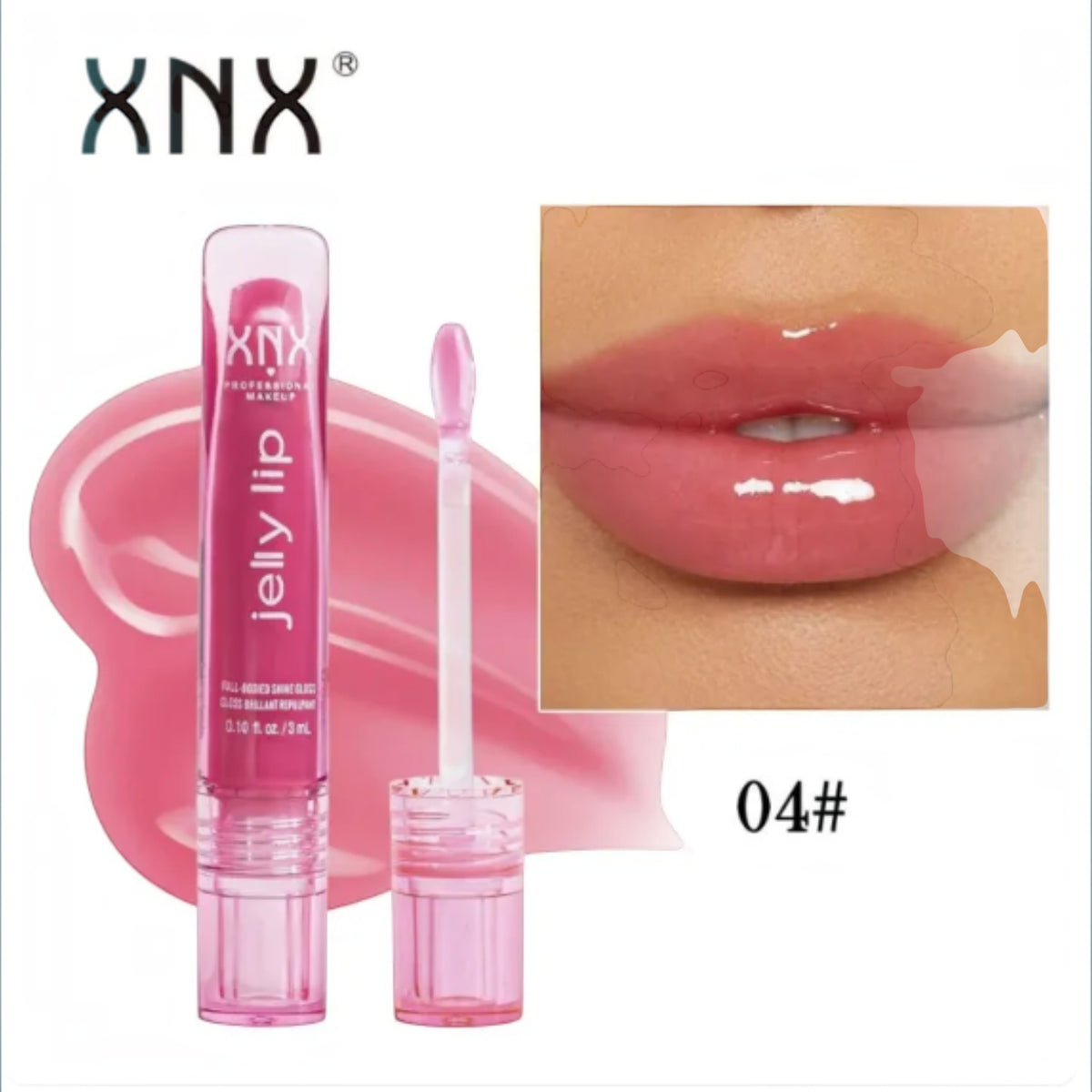 Marom XNX Professional Makeup Jelly Lip Gloss in shade 04, featuring a high-shine pink formula and precision applicator
