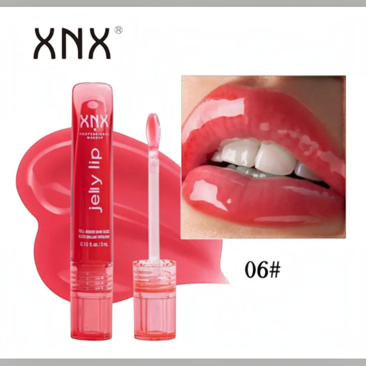 Marom XNX Professional Makeup Jelly Lip Gloss in shade 06, a vibrant pink with a high-shine glass-like finish.