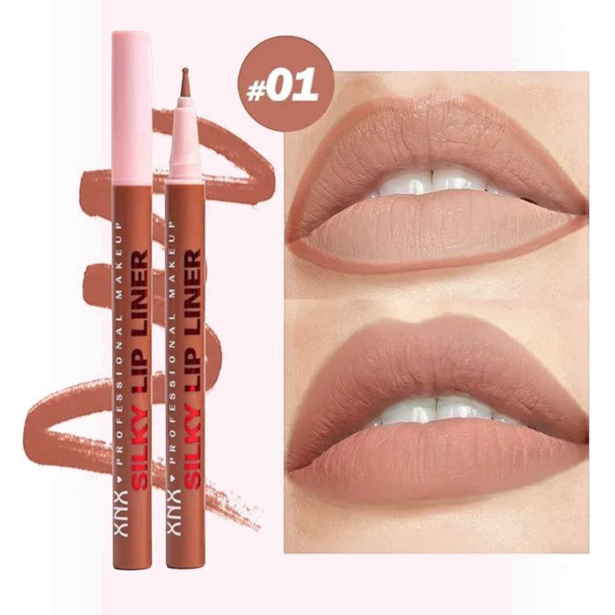 Marom XNX silky lip liner stain pen in shade 01, a nude brown, shown with applicator and lip swatch application.