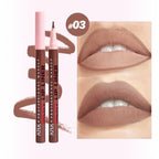 Marom XNX silky lip liner stain pen in shade 03, a neutral brown, shown with applicator and lip swatch results.