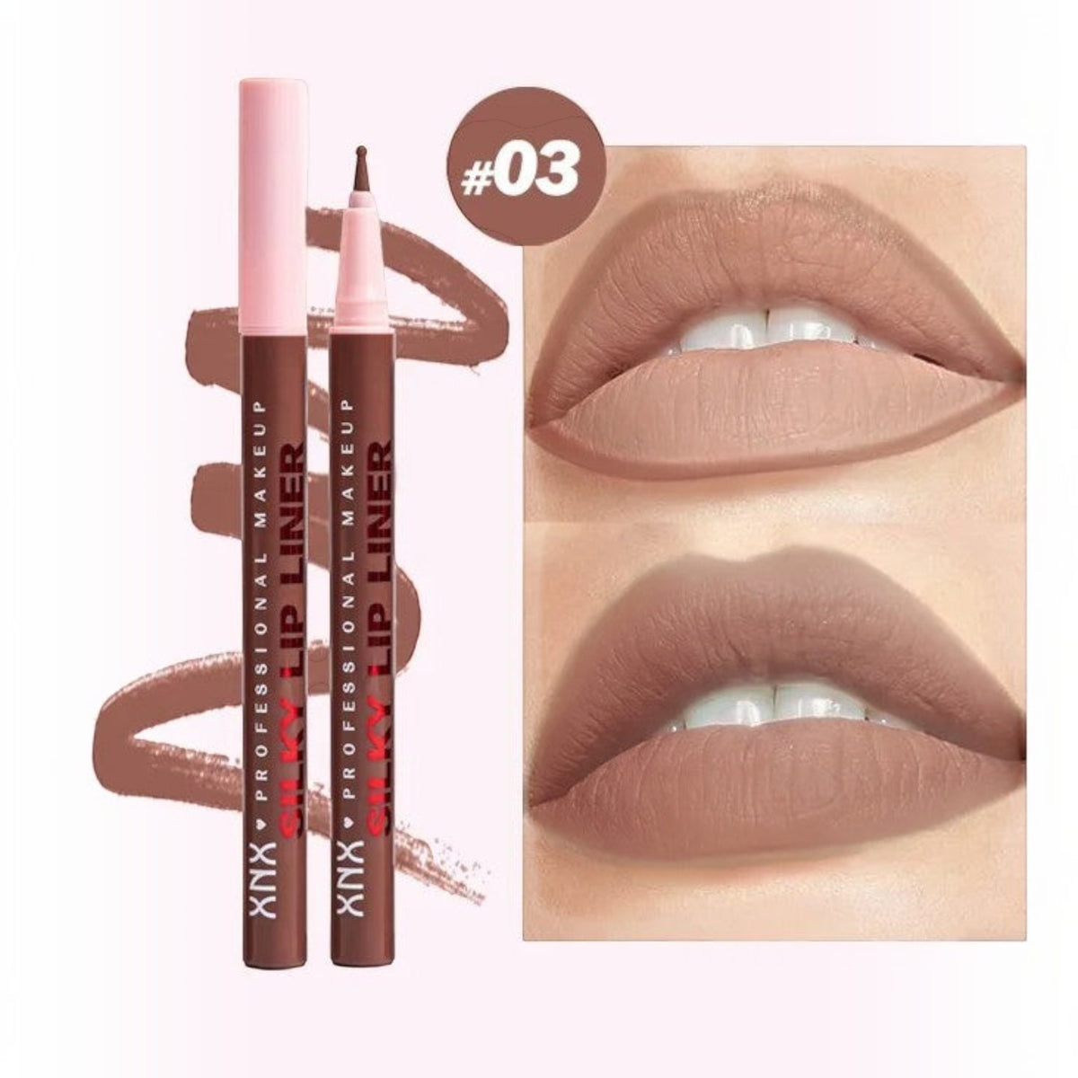 Marom XNX silky lip liner stain pen in shade 03, a neutral brown, shown with applicator and lip swatch results.