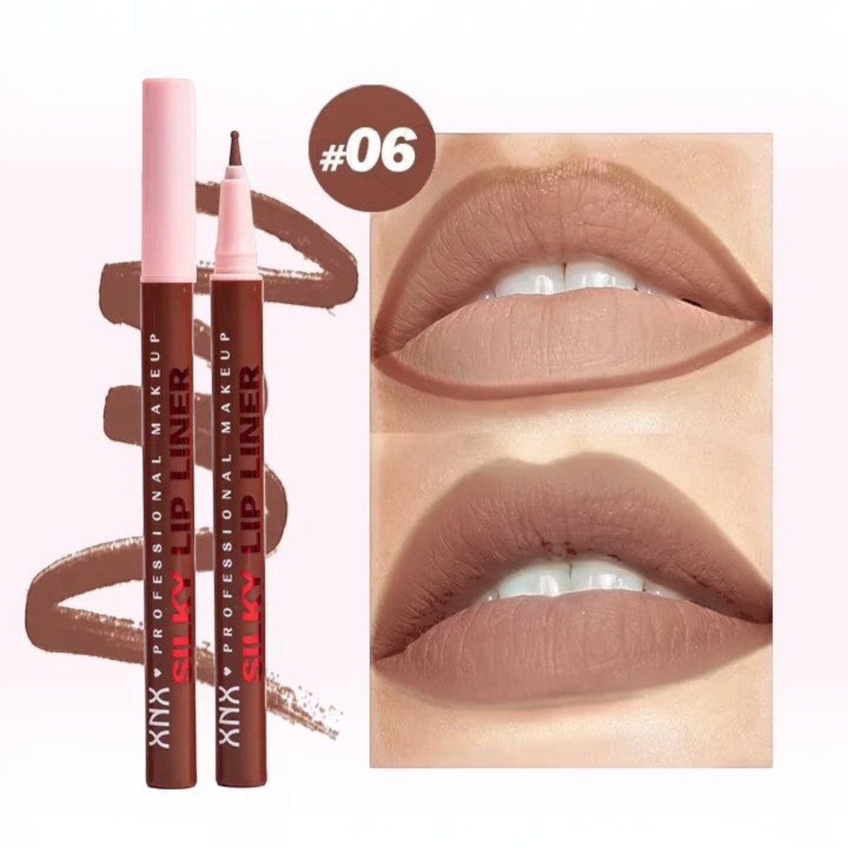 Marom XNX silky lip liner stain pen in shade 06 with a felt-tip applicator and a swatch showing a matte nude finish