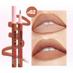 Marom XNX silky lip liner stain pen in shade 02, showing felt-tip applicator and natural nude lip swatch results.