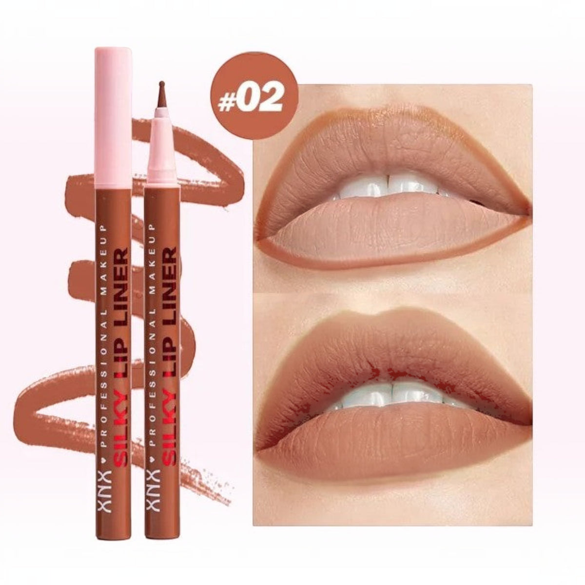 Marom XNX silky lip liner stain pen in shade 02, showing felt-tip applicator and natural nude lip swatch results.