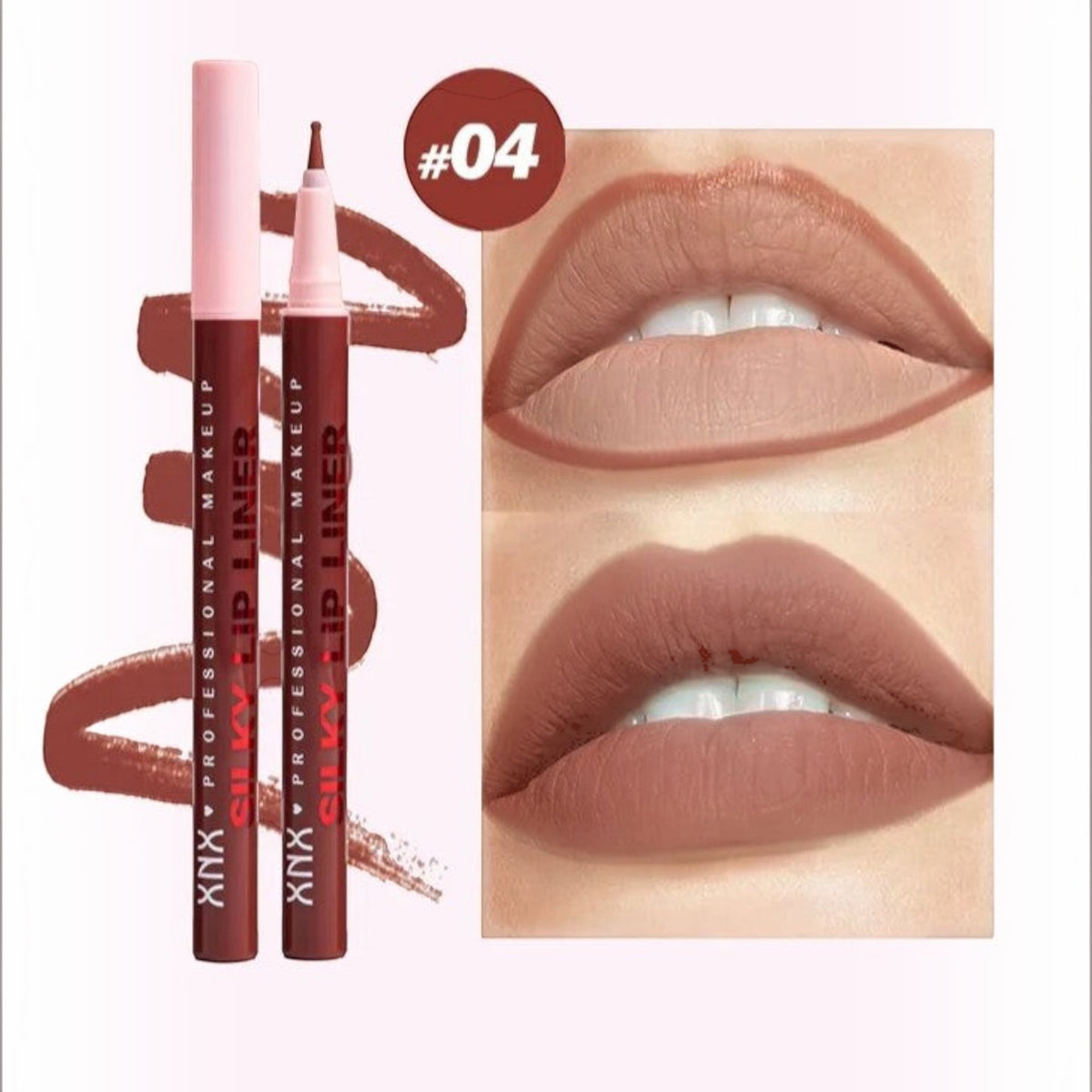 Marom XNX professional silky lip liner stain pen in shade 04, showing a brown felt-tip applicator and lip swatches.