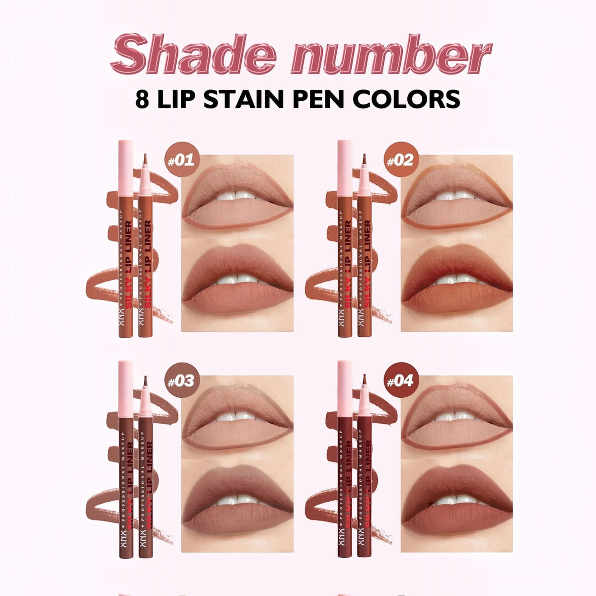 Marom XNX professional silky lip liner stain pens in four shades with corresponding lip swatches for precise lining