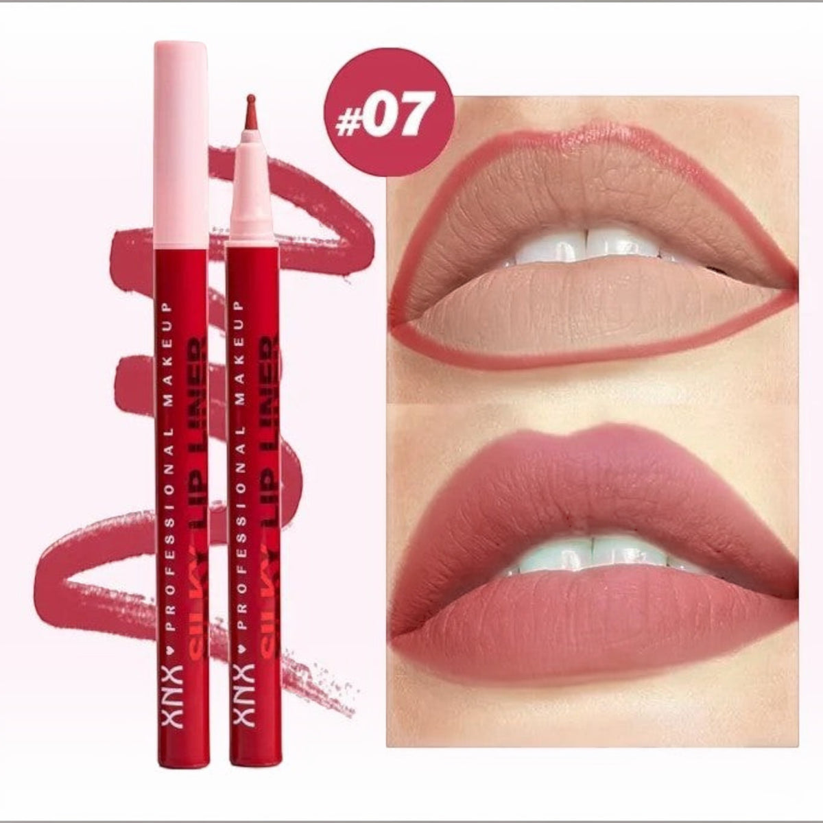 Marom XNX professional silky lip liner stain pen in shade 07 with felt-tip applicator and lip swatch application