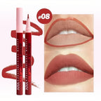 Marom XNX silky lip liner stain pen in shade 08 with felt-tip applicator and swatch showing matte lip application