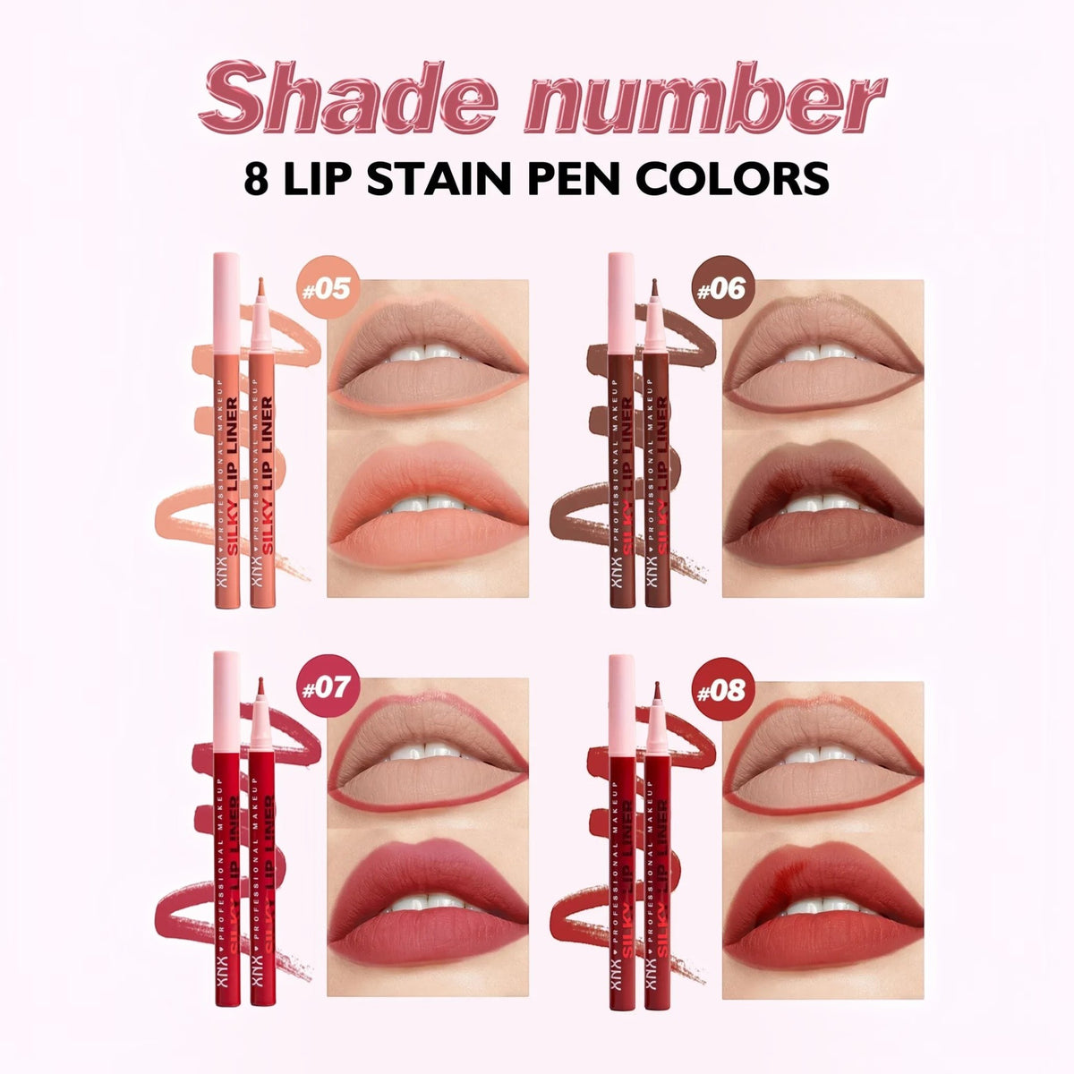 Marom XNX professional silky lip liner stain pens in four shades with corresponding lip swatches for precise lining