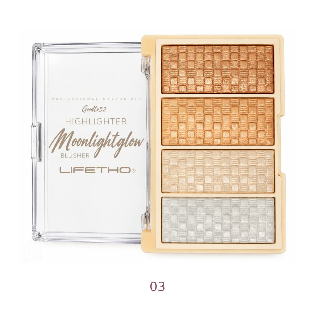 LIFETHO Moonlightglow shade 03 side-opening highlighter blusher palette with bronze, gold, champagne and pearl pans