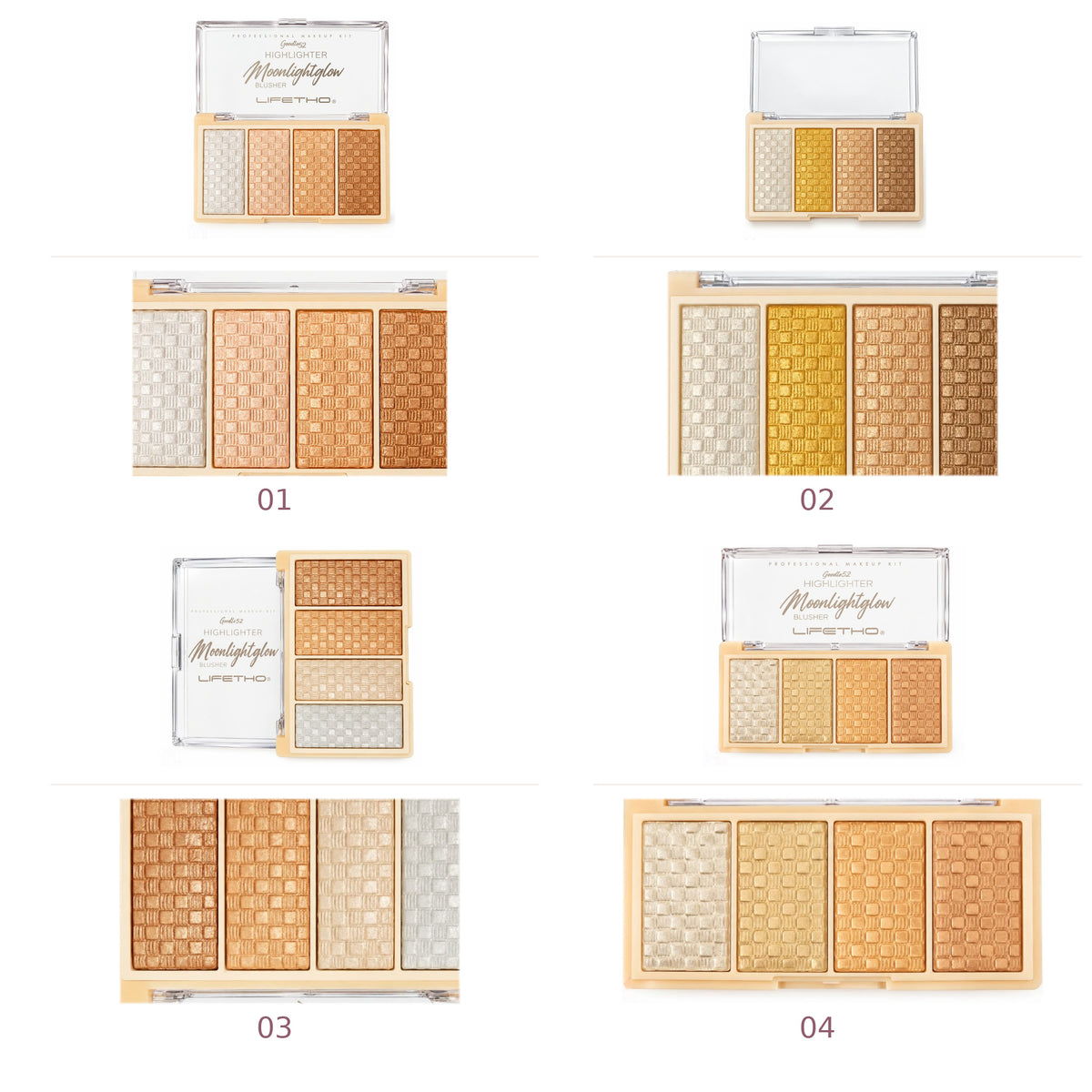 LIFETHO Moonlightglow four variants with close up of powder shades