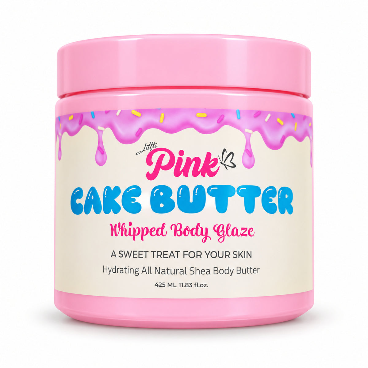 Little Pink Cake Butter Whipped Body Glaze 425 ml, pink jar and blue CAKE BUTTER label on white background