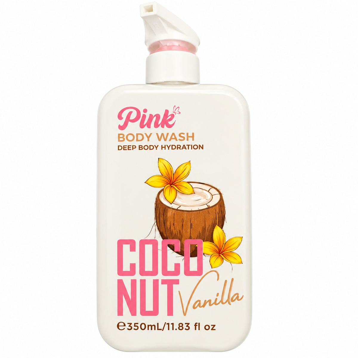 Little Pink Coco Nut Vanilla Body Wash 350 ml ivory pump bottle on white background, studio front photo