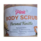 Close-up of the real Little Pink Coconut Vanilla Body Scrub 425 ml label and coconut vanilla artwork