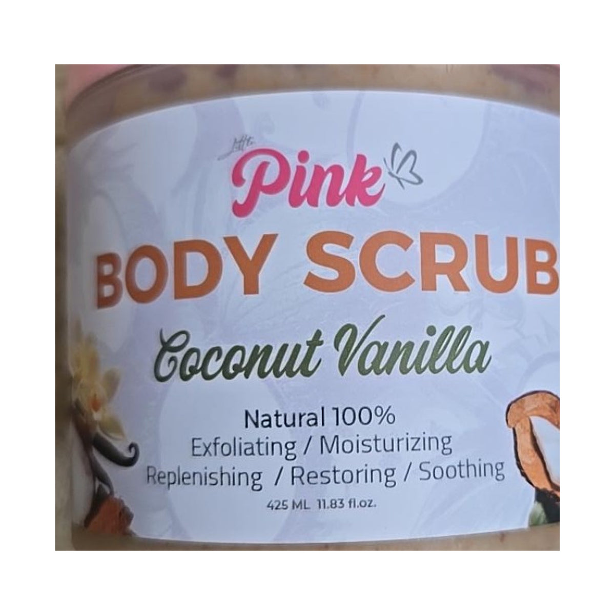 Close-up of the real Little Pink Coconut Vanilla Body Scrub 425 ml label and coconut vanilla artwork