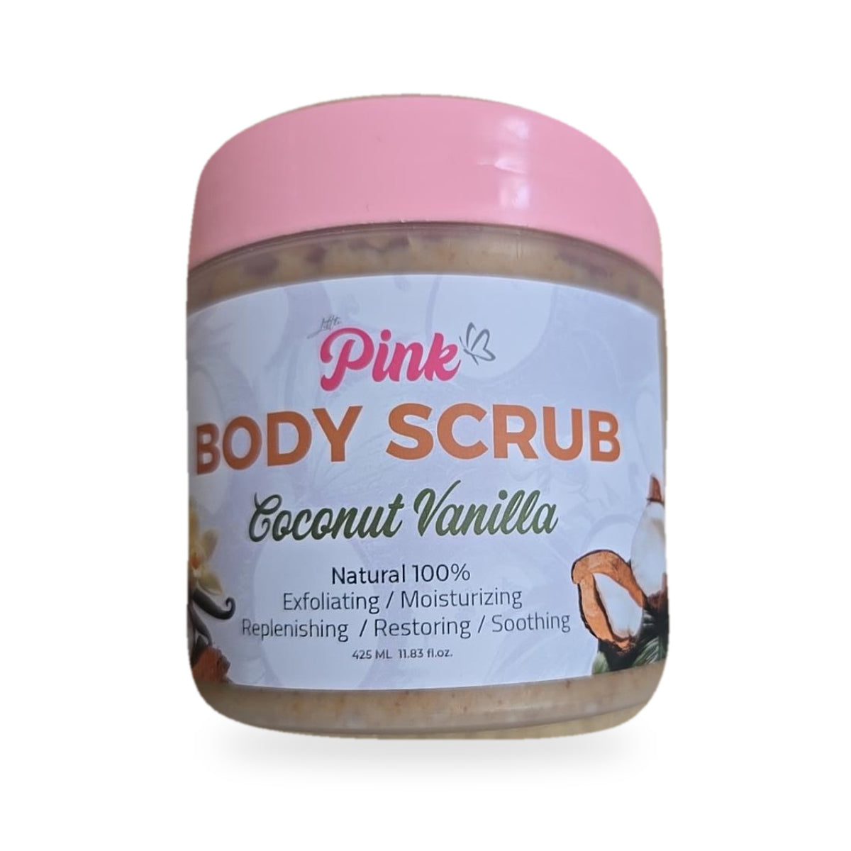 Little Pink Coconut Vanilla Body Scrub 425 ml original product jar, white studio background and actual printed label
