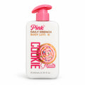 Little Pink Cookie Fruits Daily Drench Body Lotion 200 ml with pink pump on white, digitally rendered studio view