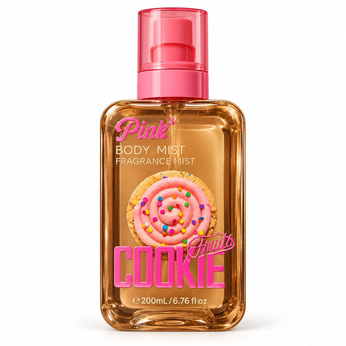 Little Pink Cookie Fruits Body Mist 200 ml amber bottle with pink spray cap and cookie label on white background