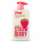 Little Pink Juicy Strawberry Body Lotion 200 ml ivory bottle with pink pump and strawberry design, front on white