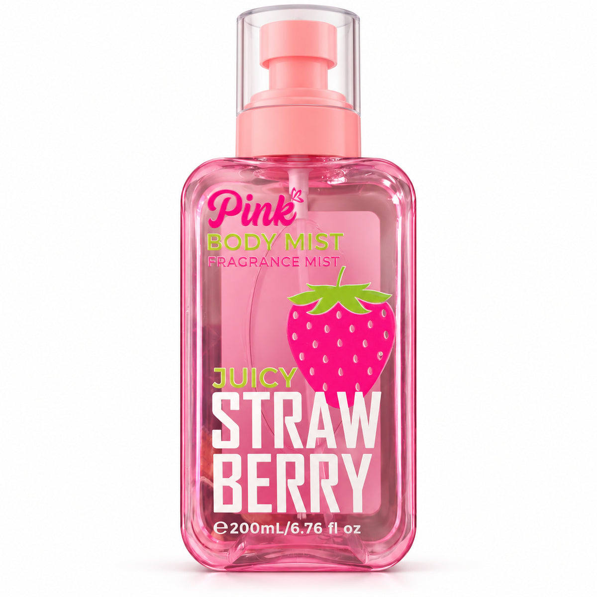 Little Pink Juicy Strawberry Body Mist 200 ml bright pink bottle with transparent cap and strawberry label on white background