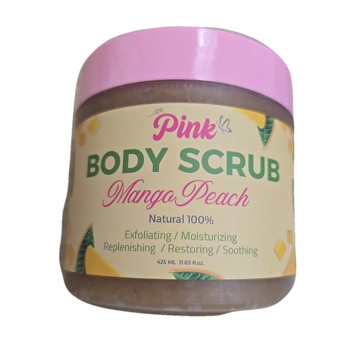 Little Pink Mango Peach Body Scrub 425 ml original photographed pink-lidded jar, front view isolated on white
