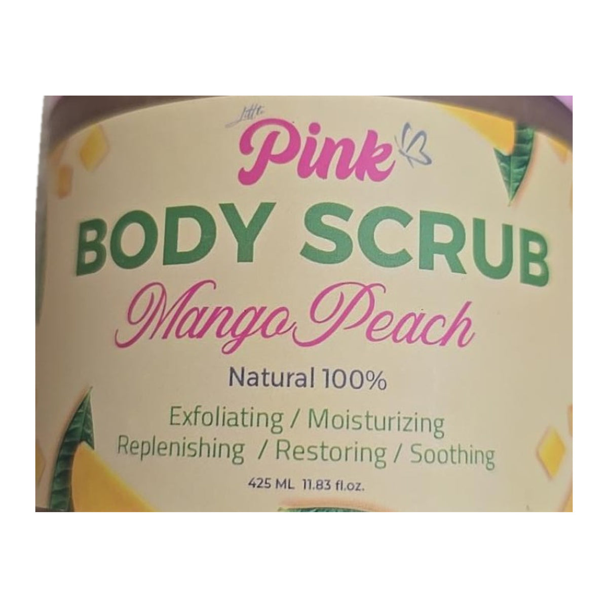 Actual Little Pink Mango Peach Body Scrub label close-up with body scrub name and 425 ml marking