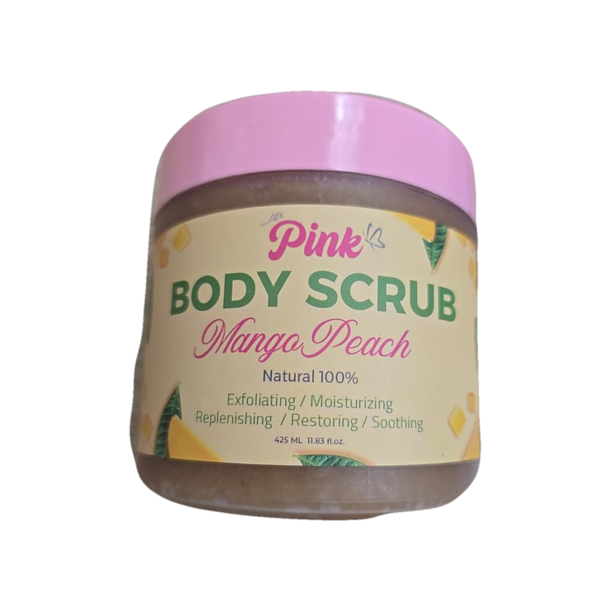 Little Pink Mango Peach Body Scrub 425 ml jar with authentic mango peach label and white studio margins