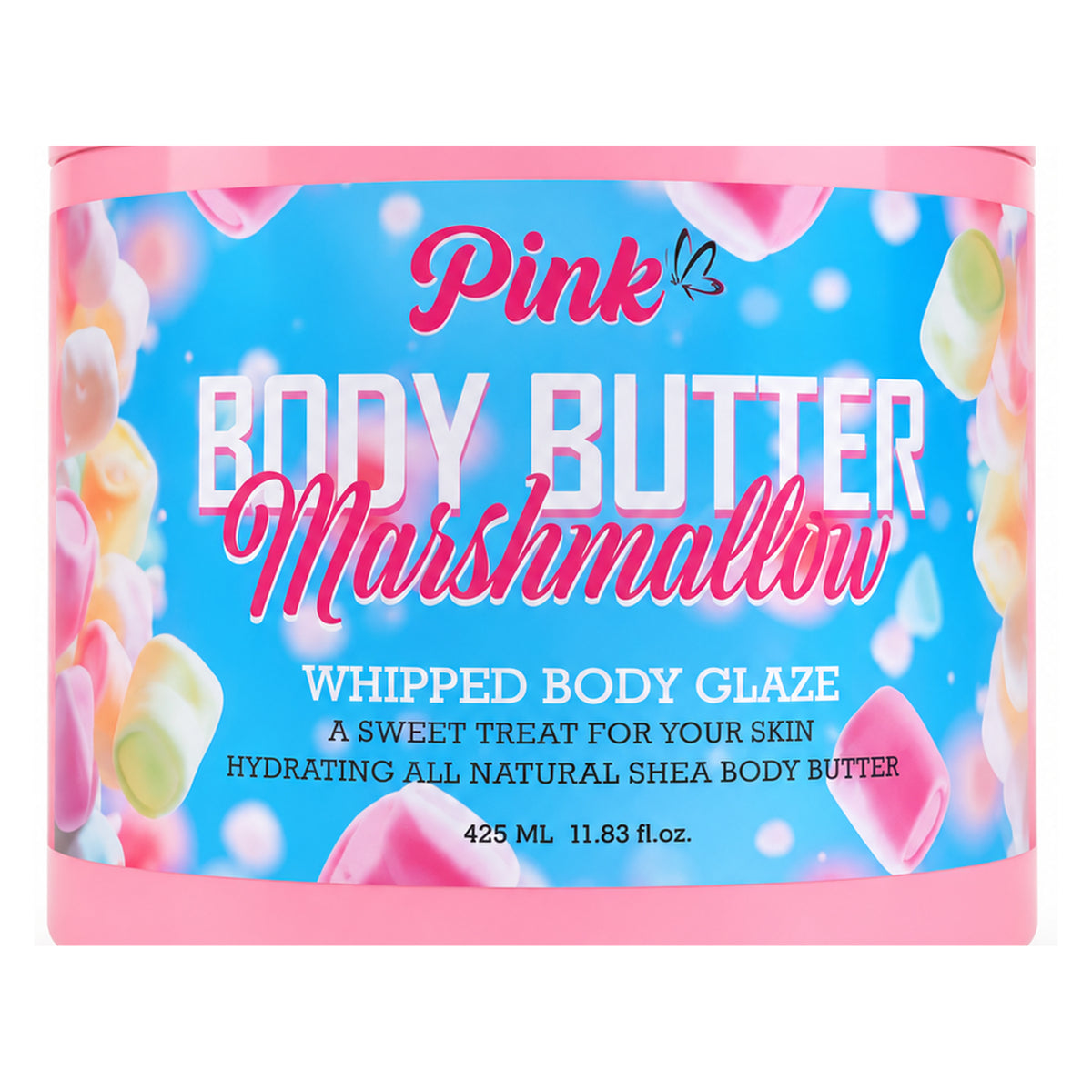 Close view of Little Pink Marshmallow Body Butter 425 ml label and Whipped Body Glaze text